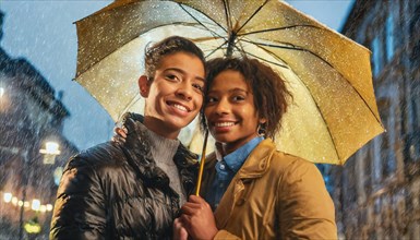 Cheerful couple sharing an umbrella on a rainy city street at night, AI generated