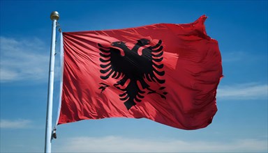 Flag, the national flag of Albania flutters in the wind