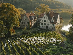 A scene with geese on a vineyard across a river during autumn, AI generated, AI generated, AI