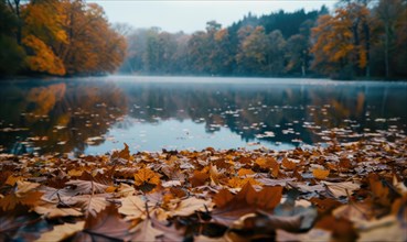 The lake covered of fallen leaves, nature background AI generated