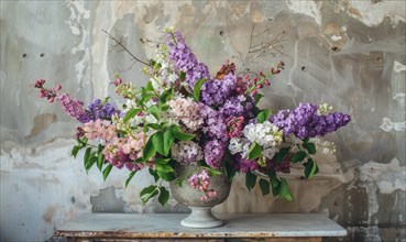A bouquet of lilacs in vase against old white wall AI generated