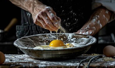 A chef cracking an egg into a mixing bowl, closeup view of hands AI generated