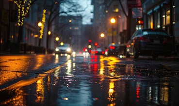 A city street illuminated by the soft glow of streetlights during a rainy evening AI generated