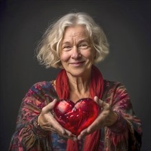 Older woman with grey hair and colourful outfit lovingly holding a red heart, AI generated