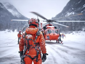 Mountain rescuers, emergency workers on duty in the mountains, AI generated