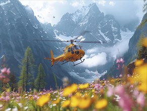 Gelber Hubschrauber fliegt niedrig ueber ein bluehendes Tal mit imposanten verschneiten Bergen,