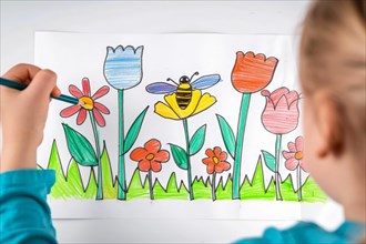 A girl draws a picture of flowers and bees with a coloured pencil, AI generated, AI generated, AI