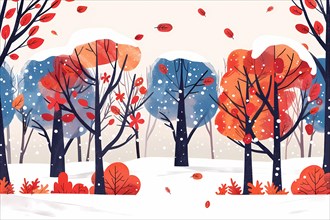 Vibrant depiction of trees in transition between autumn and winter, illustration, AI generated