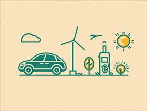 Flat design illustration of a sustainable lifestyle with an electric car and renewable energy