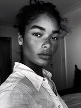 Black and white image of a serene woman with freckles in a casual white shirt, AI generated