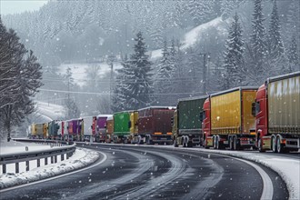 Traffic jam, congested motorway with many lorries and cars in winter, bad weather conditions, snow