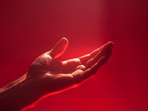 Open hand bathed in a soft red light suggesting warmth and offering, illustration, AI generated