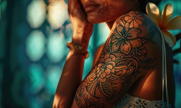 A woman's arm elegantly decorated with a henna-inspired floral tattoo design AI generated