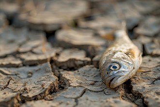 Dead fish on cacked dried up earth. Global warming and water scarcity concept. KI generiert,