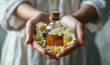 Hands holding bottle of chamomile essential oil, organic cosmetic, beauty in nature, closeup view