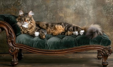 Maine Coon cat posing elegantly on a velvet chaise lounge AI generated