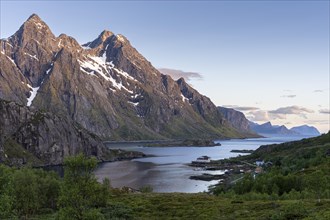 Mountain landscape on the Lofoten Islands. View over the Maervollspollen fjord to mountains in the
