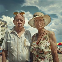 An elderly couple with serious looks stands on a bright beach day, KI generated, AI generated