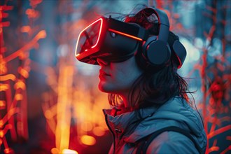 A woman with a VR headset is lit by red and blue lights, creating a tech-savvy atmosphere, AI