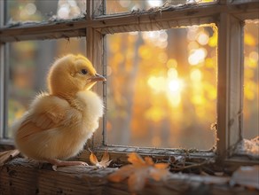 Solitary chick in a rustic setting with the warmth of a setting sun, AI generiert, AI generated