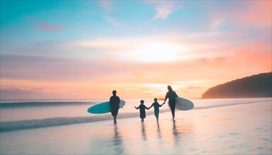 Silhouetted family carrying surfboards on a tranquil beach as the sun sets with beautiful pastel