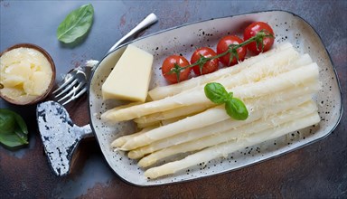 Serving platter with white asparagus, melted butter, tomatoes and a block of cheese, cooked white