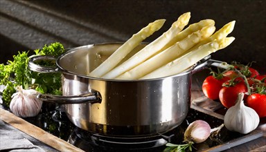 Fresh asparagus in a cooking pot next to tomatoes and garlic, fresh white asparagus in a cooking