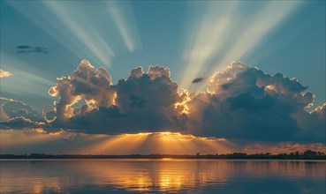 The sun peeking through a fluffy cumulus clouds, clouds reflected in water surface, sunset on the