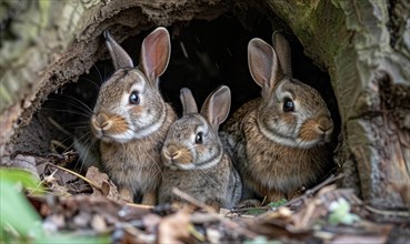 A bunny family nestled together in a cozy burrow AI generated