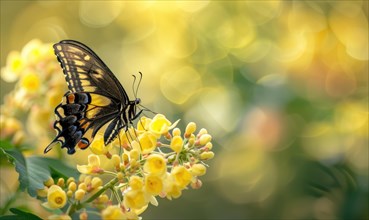 A close-up of a butterfly resting on a laburnum blossom AI generated
