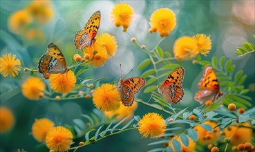 A group of butterflies fluttering around a cluster of Mimosa flowers AI generated