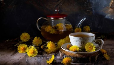 Atmospheric depiction of tea time with coltsfoot flowers, cup and teapot, coltsfoot tea, medicinal
