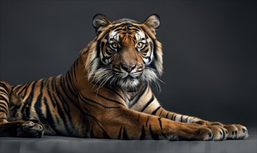 A Sumatran tiger lounging in a relaxed pose against a studio backdrop AI generated