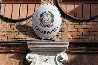 Emblem of the Carabinieri on a wall, symbol of the Italian police, Venice, Veneto, Italy, Europe