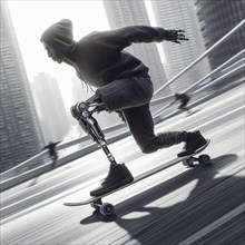 Dynamic shot of a grungy person with prosthetic leg in hoodie skateboarding in an urban setting, AI