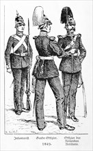 Three men in military dress, uniforms from 1849, infantryman, officer of the guard and officer of