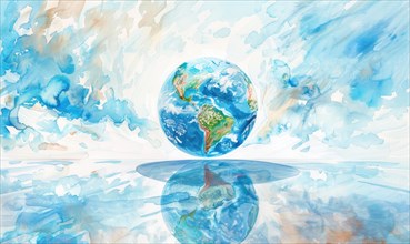 Vibrant watercolor painting of an Earth globe floating in a dreamy sky AI generated
