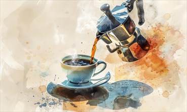 Watercolor illustration of a vintage coffee pot pouring coffee into a cup AI generated