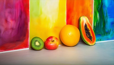 Assorted fruits in front of a brightly colored, rainbow-painted wall, horizontal, AI generated