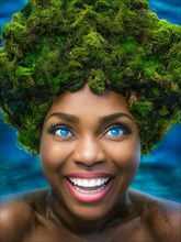 A woman with a vibrant smile and green moss hair submerged in blue water, earth day concept, AI