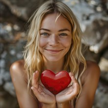Woman holding a red heart, smiling in natural environment, AI generated