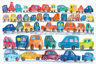 Cars standing in a traffic jam, drawing with coloured pencils by a child of preschool age, primary