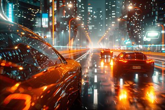 Rainy city street at night with car lights reflecting on the wet surface, AI generated