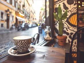 A patterned coffee cup on a cafe table with unique cactus wall art and urban street in the