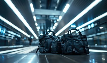 Sleek black travel bags in a modern corridor with futuristic neon lighting AI generated