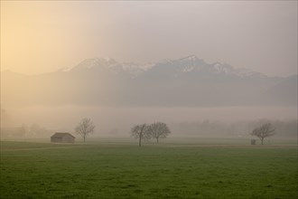 A landscape in the morning mist with a small hut and mountains in the background, Neubeuern,