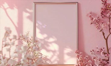 Flat background with blank poster mockup on pink wall AI generated