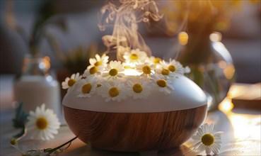 Chamomile essential oil diffuser in a cozy room, aromatherapy AI generated