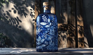 Cobalt blue glass bottle with botanical illustrations on background with textured shadow AI