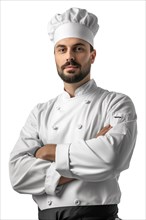 Portrait of a chef in professional white uniform with arms crossed, AI generated